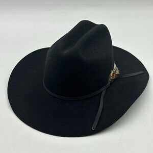Vintage Trail Boss Size Medium Black 100% Wool Cowboy Western Hat w/Feather